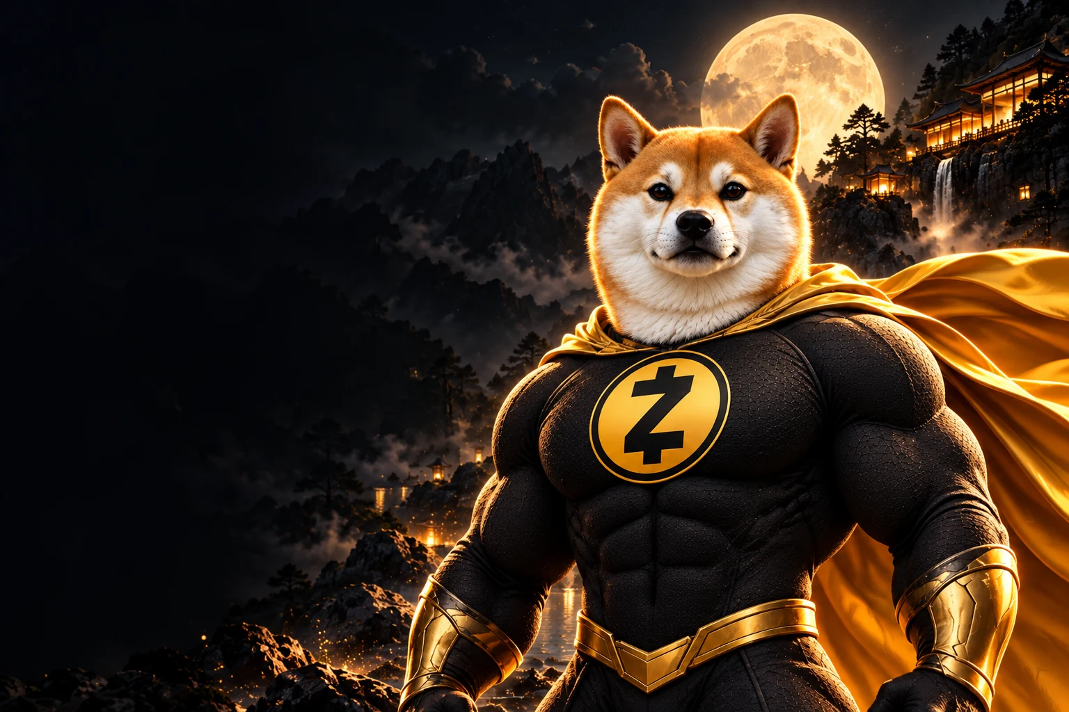 Zcash Inu in a golden cape watching over a moonlit mountain sanctuary